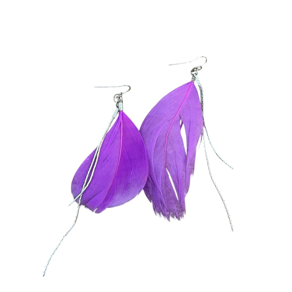 Purple Feather Dangle Earrings Silver Snake Chain Boho Statement Festival Wear